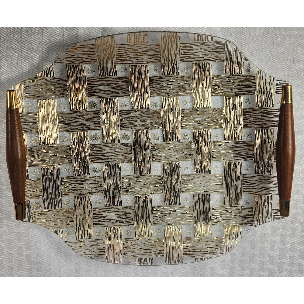 Stunning‎ Vintage Georges Briard Serving Tray Gold Glass Woven Wood Handles